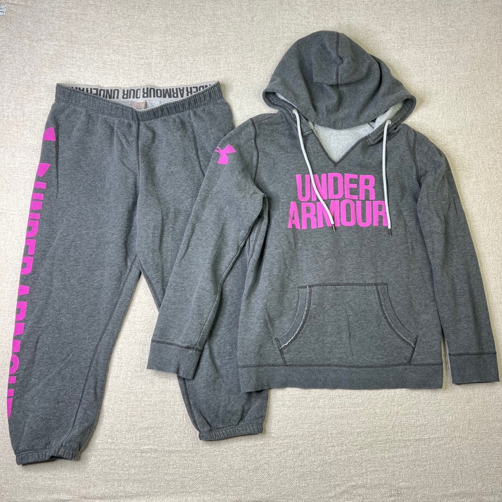 Under Armour Set Womens Small Fleece Hoodie and Jogger Sweatpants Gray Pink